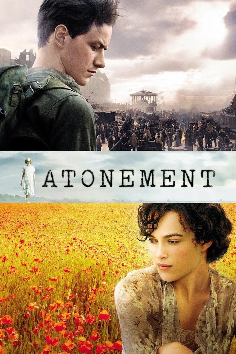 Atonement poster showing a woman in a green dress in a library doorway