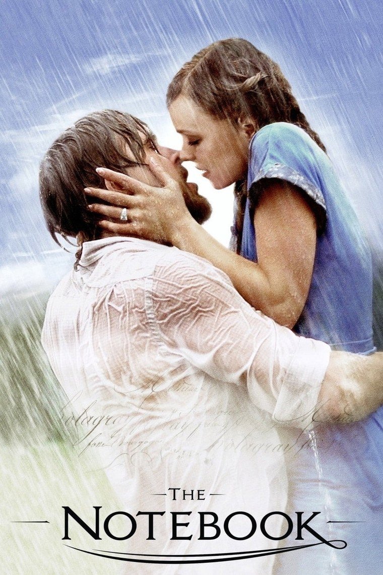 The Notebook poster showing a couple kissing in the rain on a wooden dock