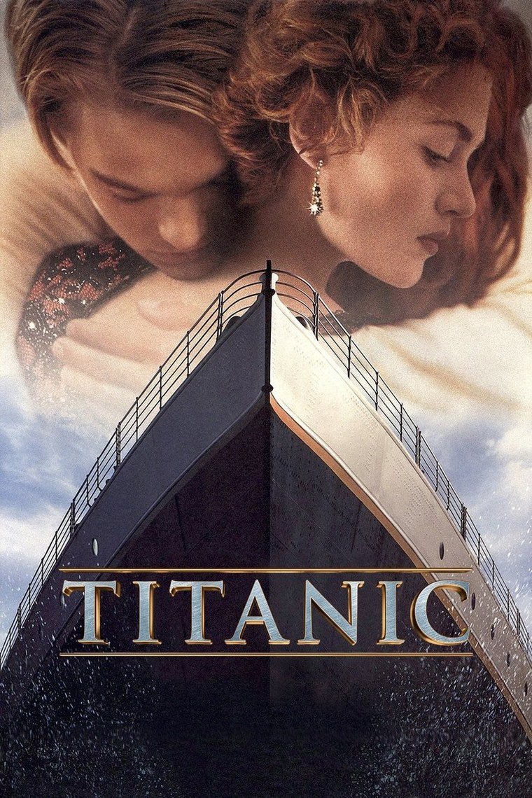 Titanic poster showing Jack and Rose above the liner at sea