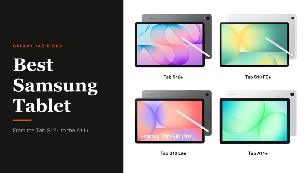 Best Samsung Tablet headline beside the Galaxy Tab S12+, S10 FE+, S10 Lite and A11+