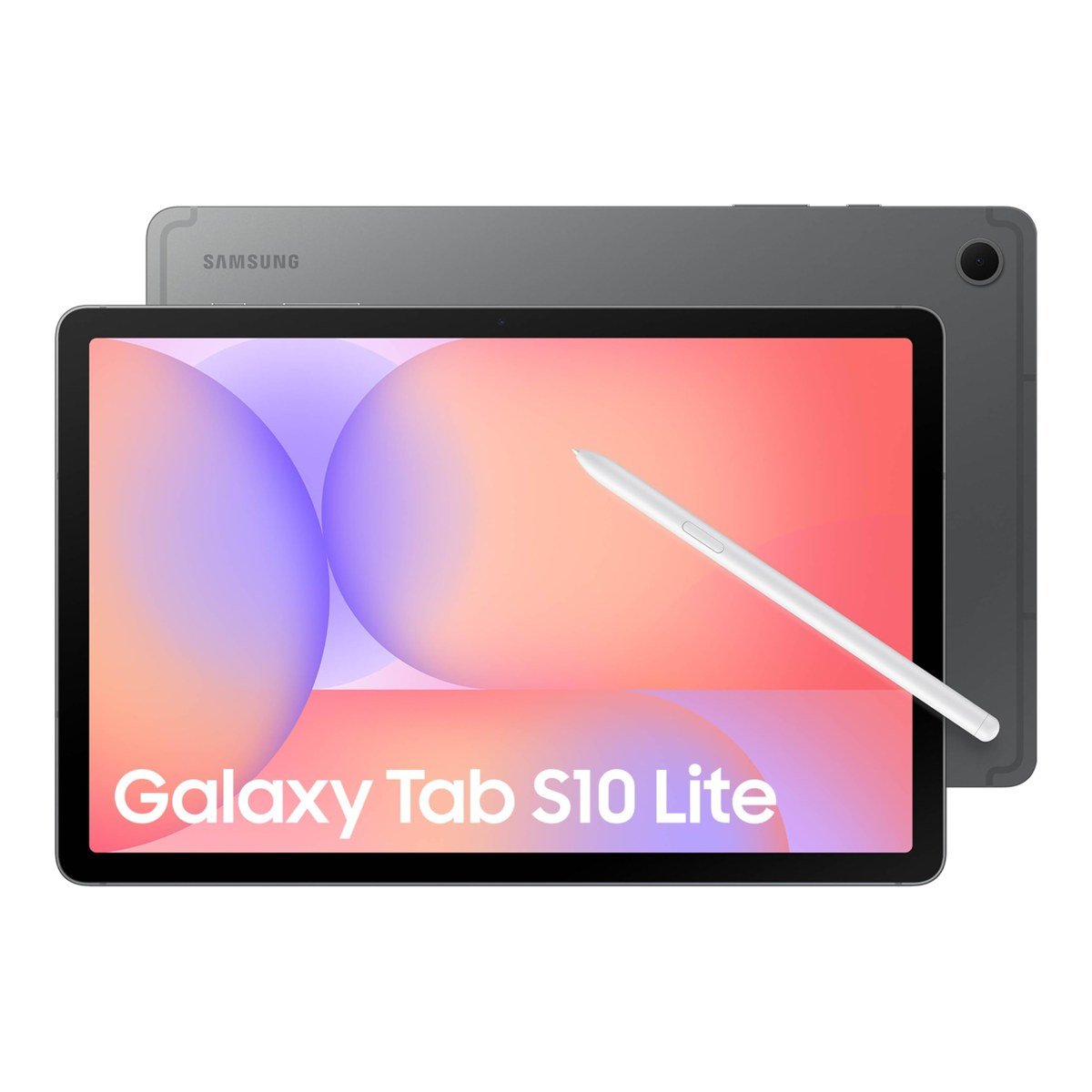 Samsung Galaxy Tab S10 Lite in gray with the S Pen and the Galaxy Tab S10 Lite logo on screen