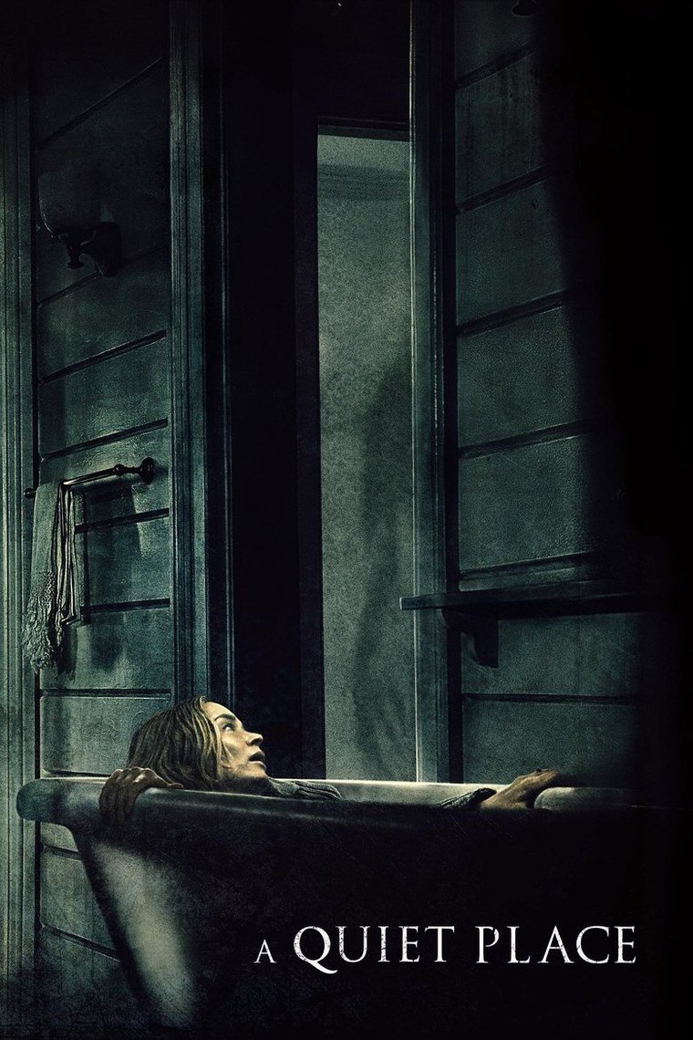 A Quiet Place poster showing a family standing silently in a dim farmhouse