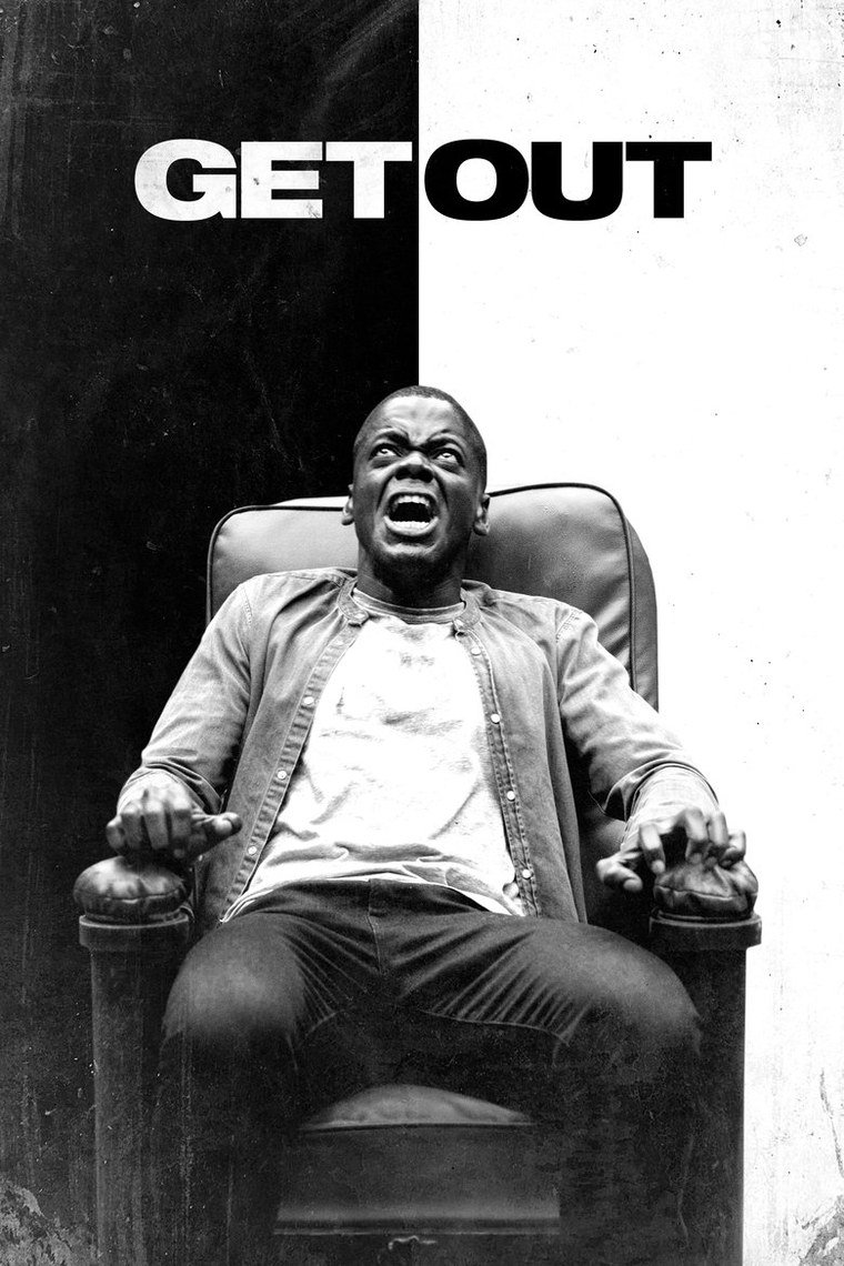 Get Out poster showing a man in a chair with tears in his eyes against black