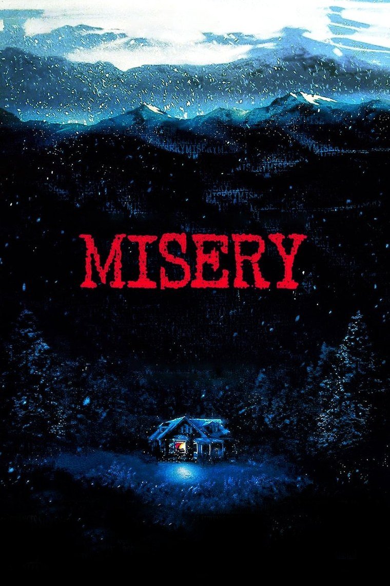 Misery poster showing a woman standing over an injured man in a snowbound house