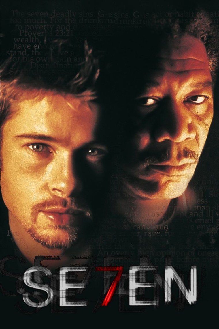 Se7en poster showing two detectives silhouetted in rain-lit darkness