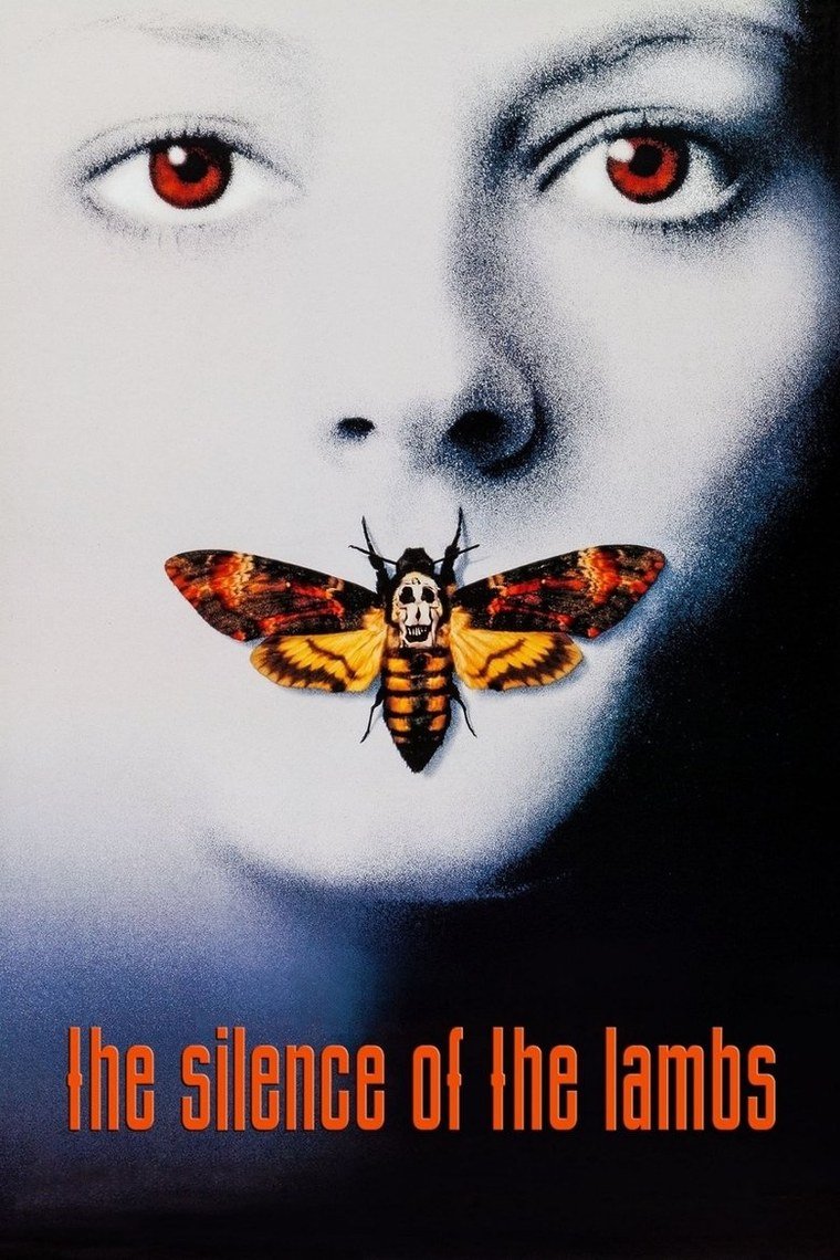 The Silence of the Lambs poster showing a face with a death's-head moth over the mouth