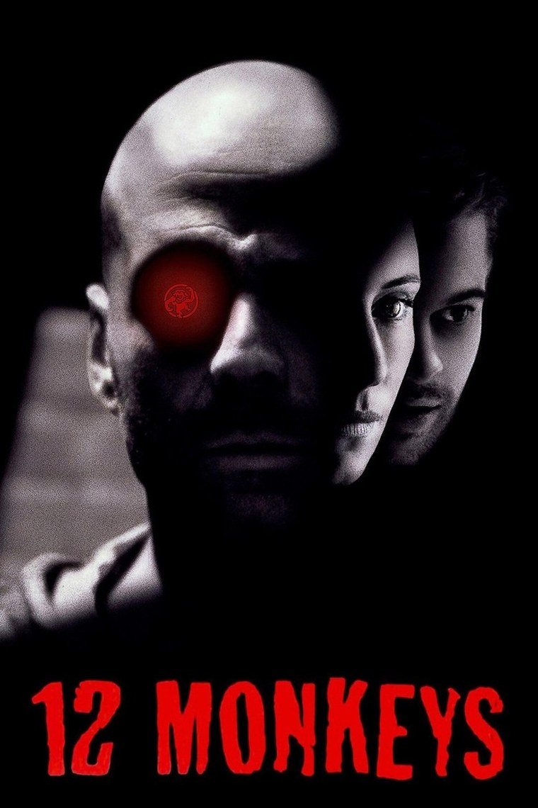 Twelve Monkeys poster with a spiral of faces around a figure in a plastic suit
