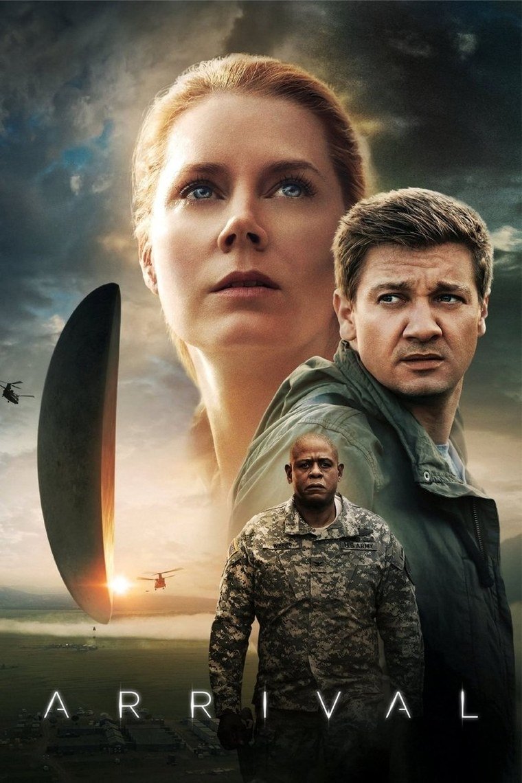 Arrival poster with a dark elliptical craft hanging low over a misted field