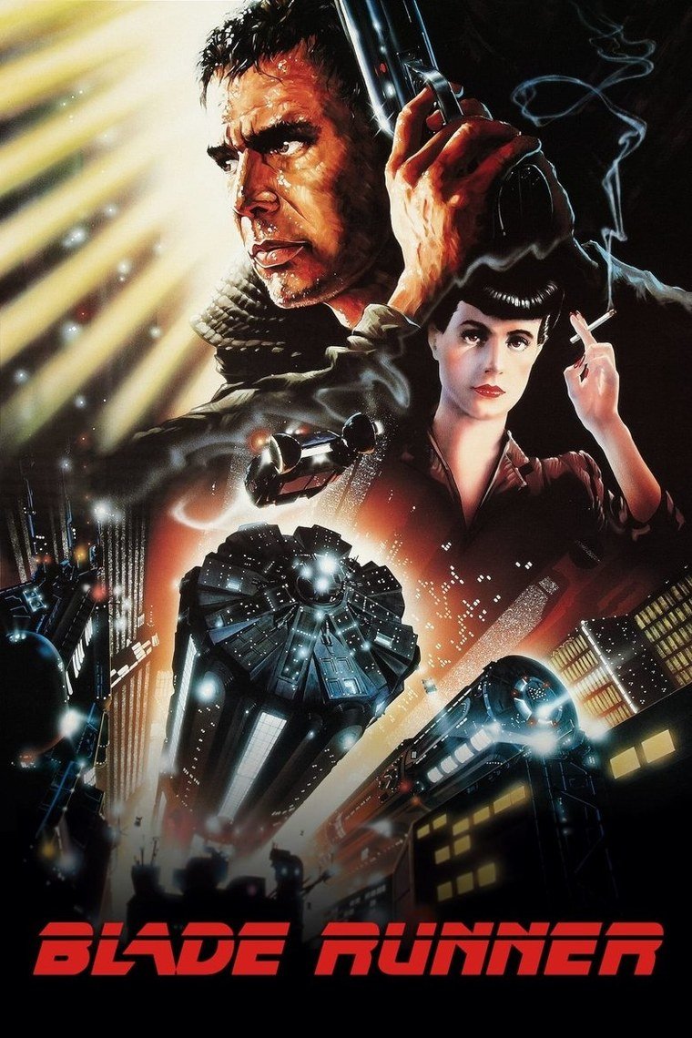 Blade Runner poster showing a rain-lit future Los Angeles above a lone detective