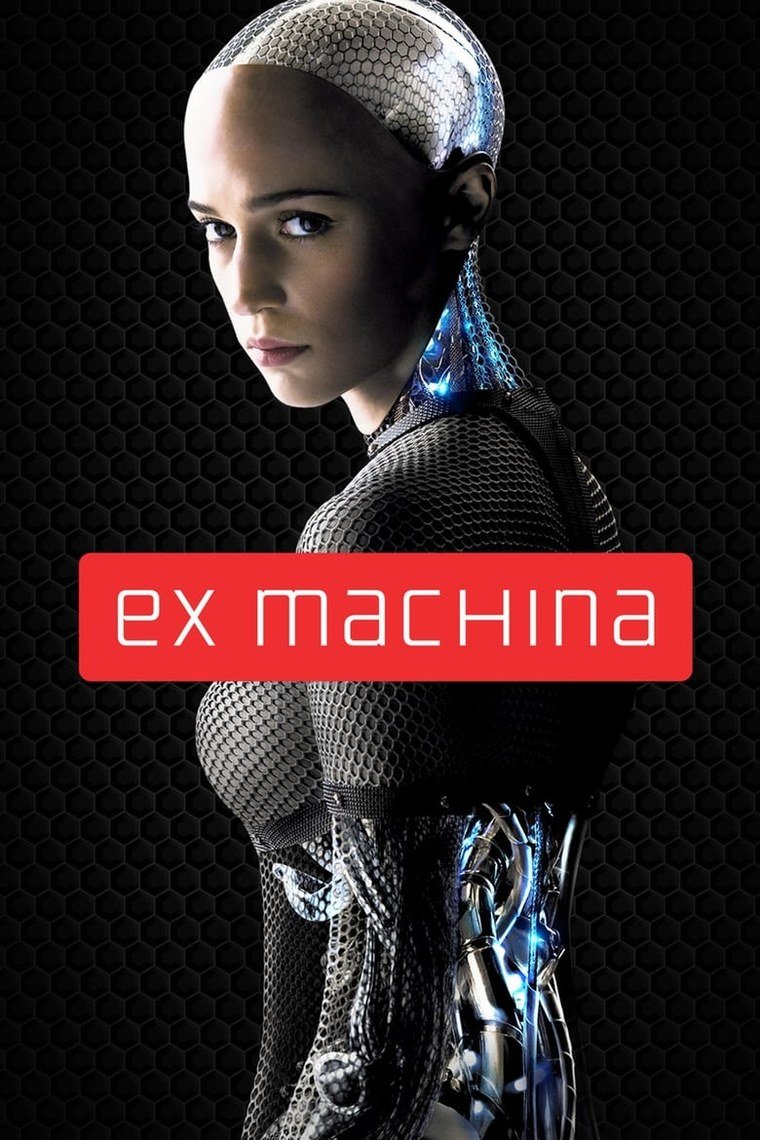 Ex Machina poster showing a translucent humanoid robot lit in blue