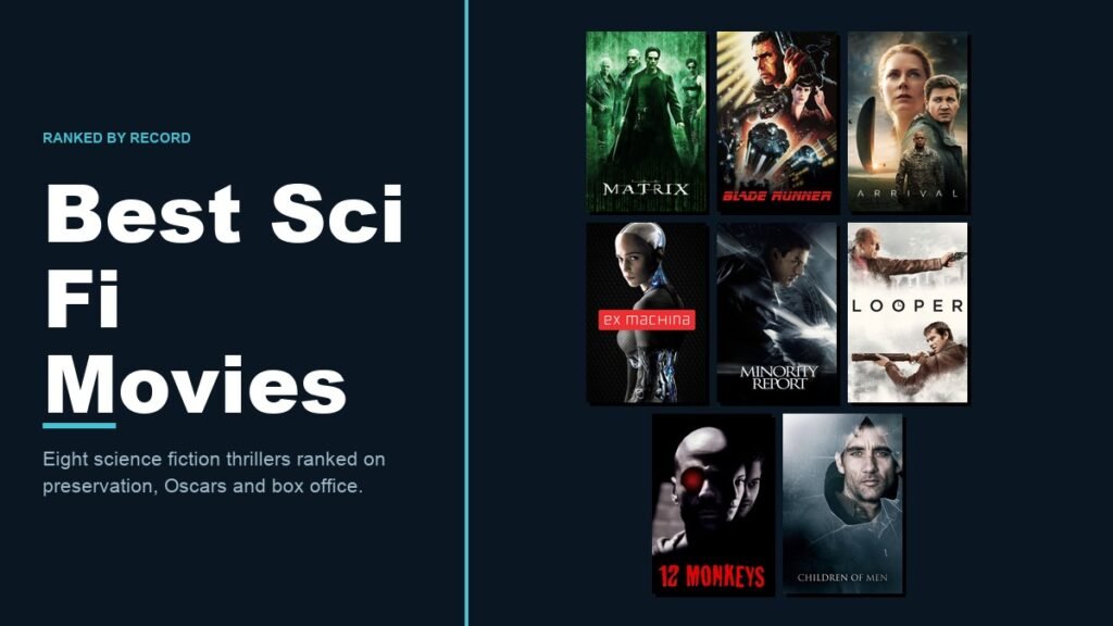 Best Sci Fi Movies headline beside a wall of eight science fiction thriller posters