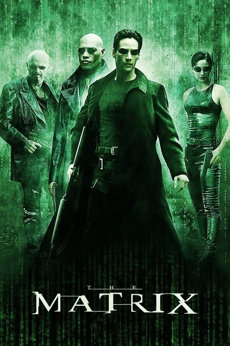 The Matrix poster with green code falling behind two figures in long black coats