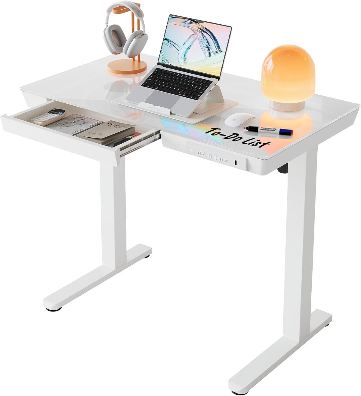 HUANUO Glass Standing Desk with Drawers standing desk