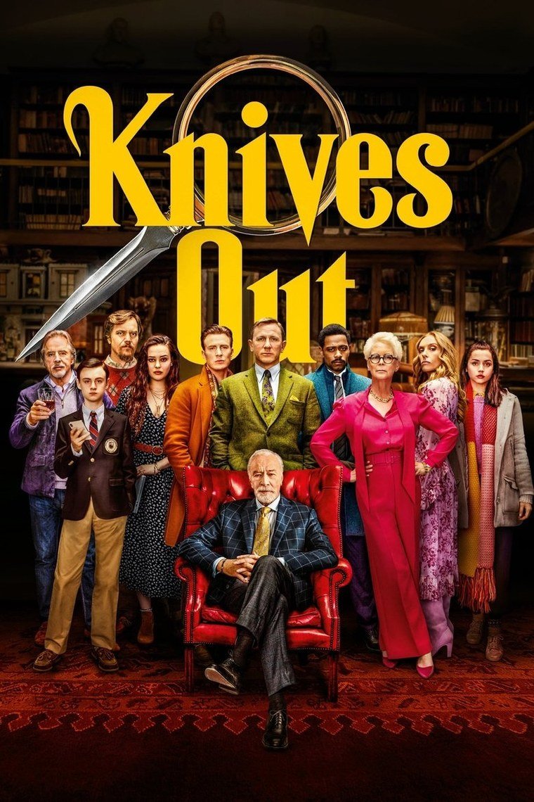 Knives Out poster showing a family arranged around a wheel of knives