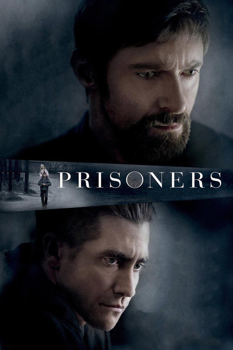 Prisoners poster showing a father and a detective in cold rain-lit woodland
