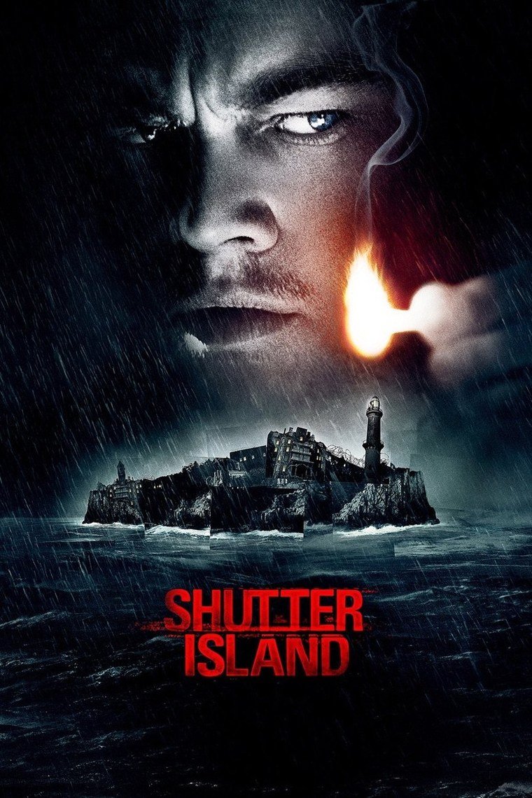 Shutter Island poster showing a lighthouse on a cliff above a storm-lit sea