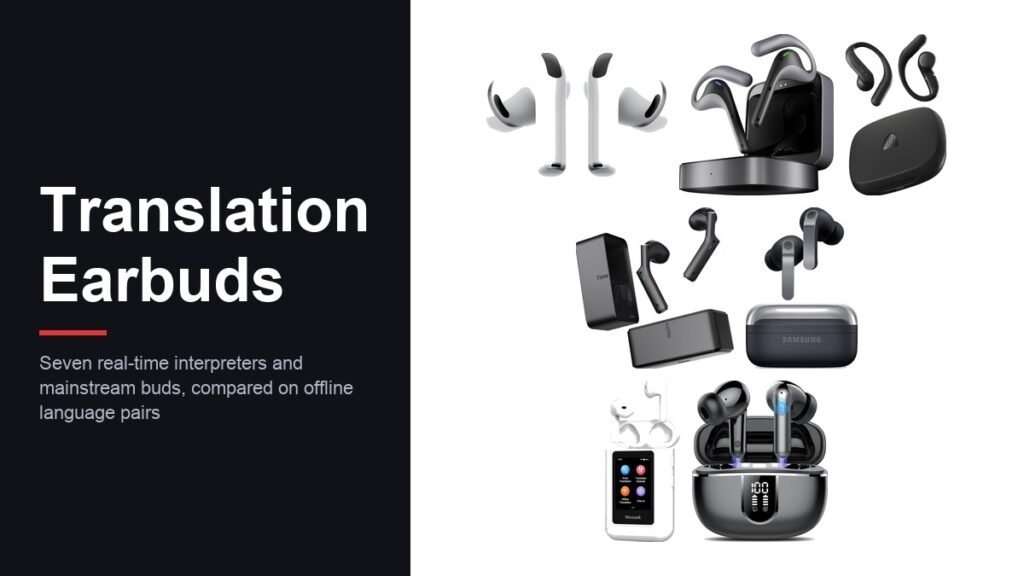 Seven translation earbuds laid out together, including Apple AirPods Pro 3, Timekettle interpreters and Samsung Galaxy Buds