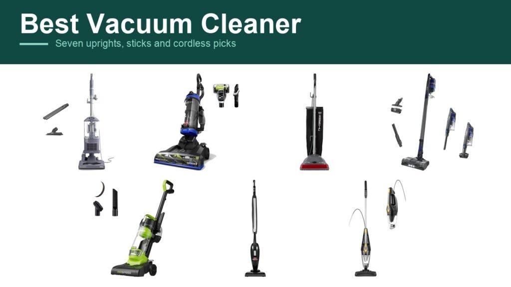 Best Vacuum Cleaner headline above seven uprights and sticks from Shark, Bissell, Sanitaire and Eureka