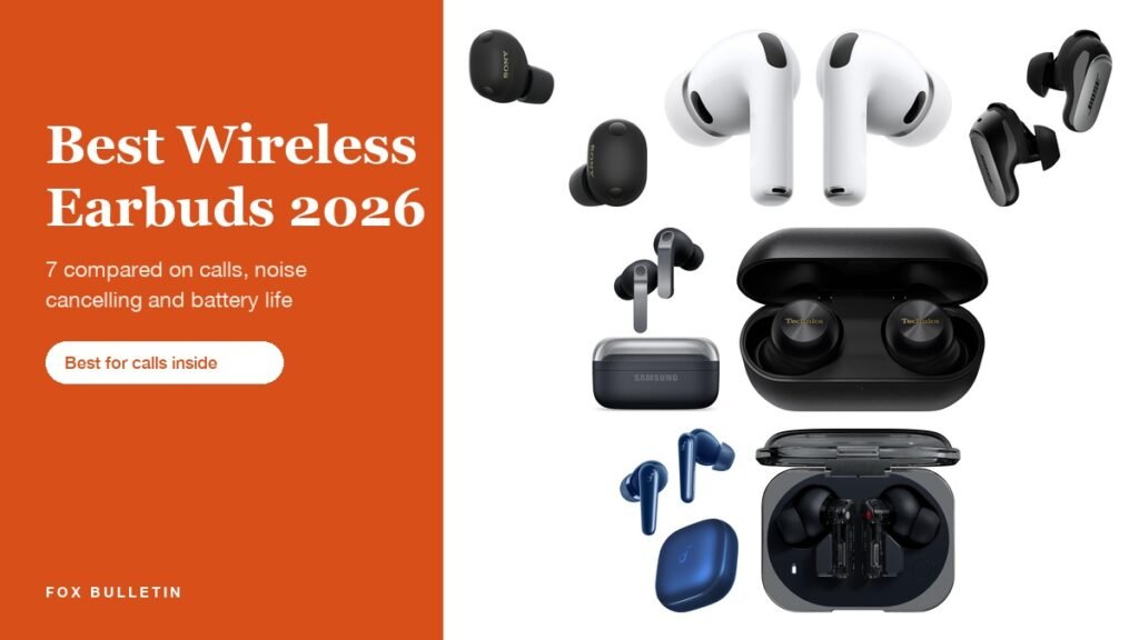 Best Wireless Earbuds 2026 headline beside seven earbuds from Sony, Apple, Bose, Samsung, Technics, Soundcore and Nothing