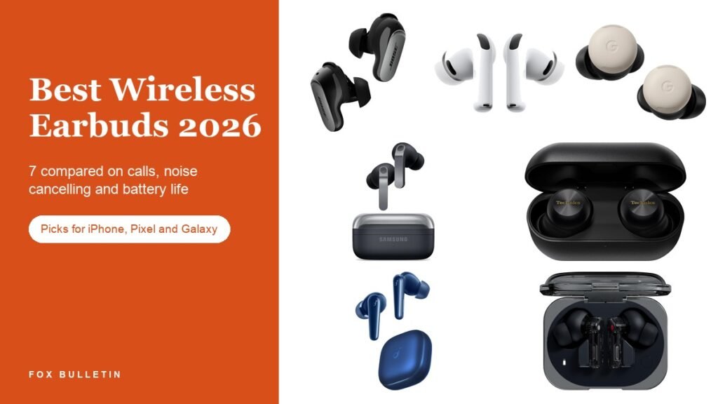 Best Wireless Earbuds 2026 headline beside seven earbuds from Bose, Apple, Google, Samsung, Technics, Soundcore and Nothing