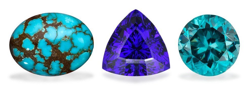 Veined turquoise cabochon, trillion-cut violet-blue tanzanite and round blue zircon