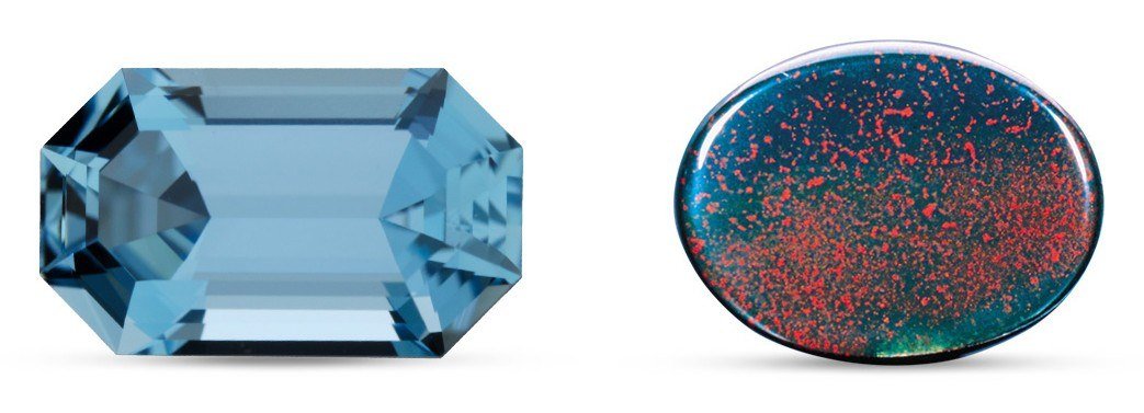 Step-cut blue aquamarine beside a polished dark green bloodstone with red spots