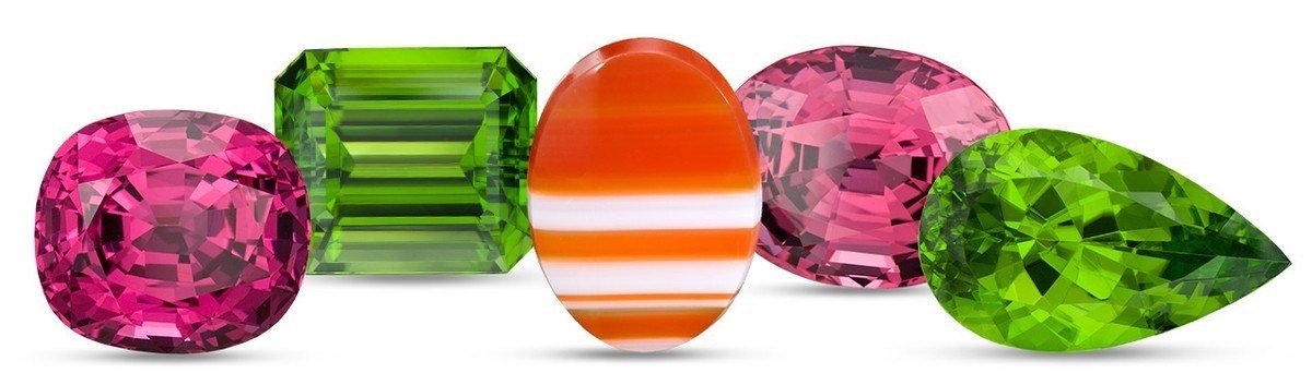 Pink spinels, green peridots and a banded orange and white sardonyx