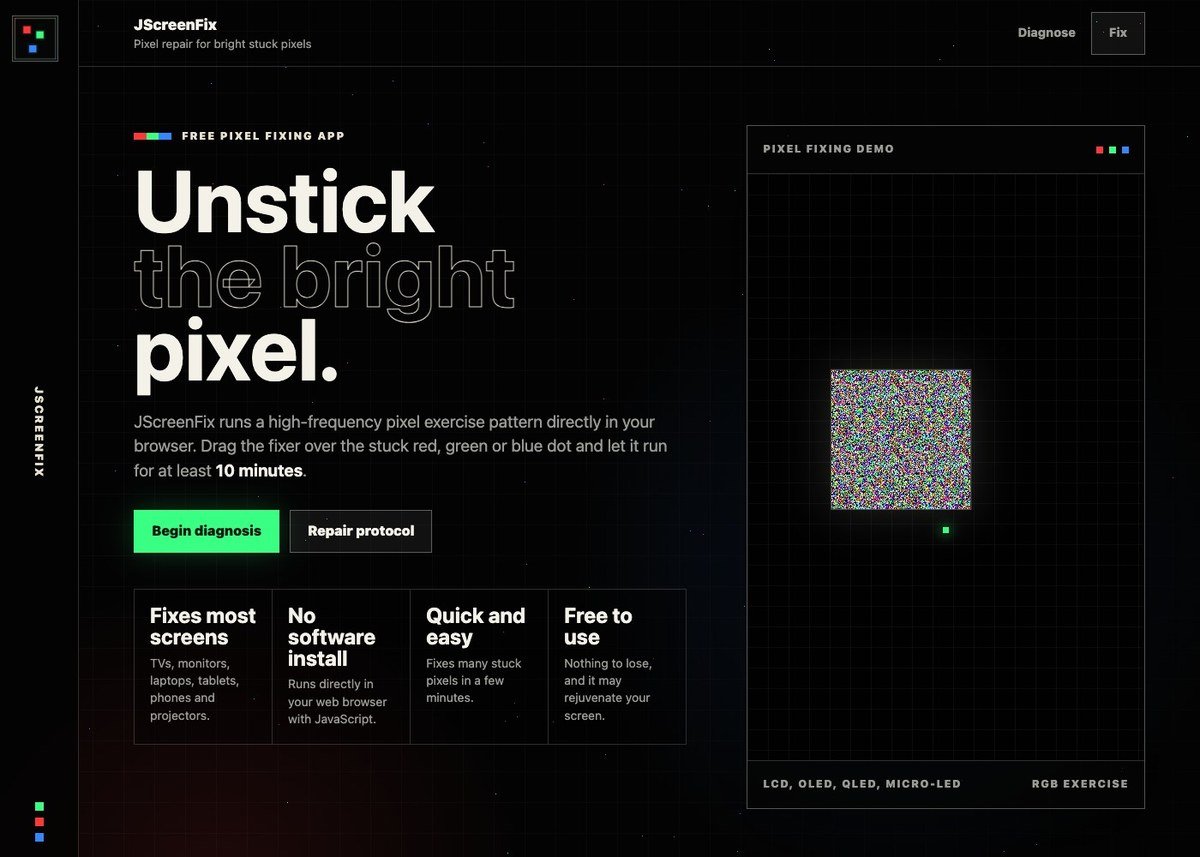 JScreenFix web app with its flashing pixel exercise square and a note to run it for at least 10 minutes
