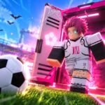 Blue Lock Farm striker stepping out of a glowing pink locker beside a football