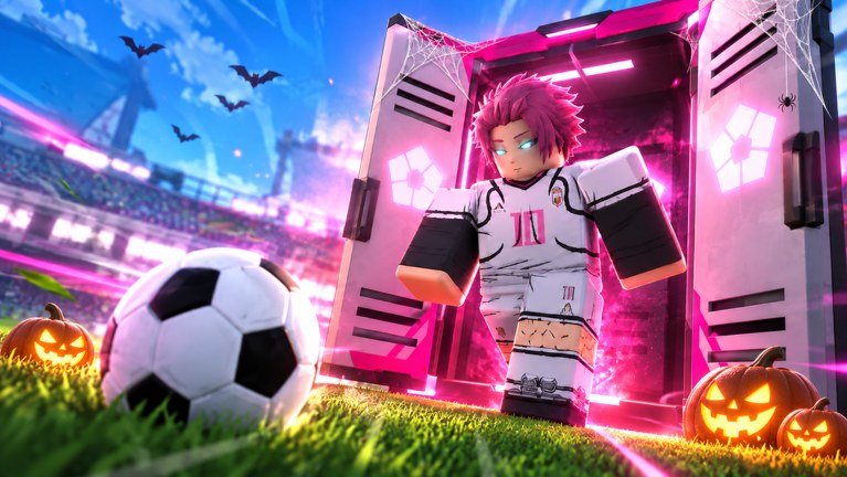Blue Lock Farm striker stepping out of a glowing pink locker beside a football
