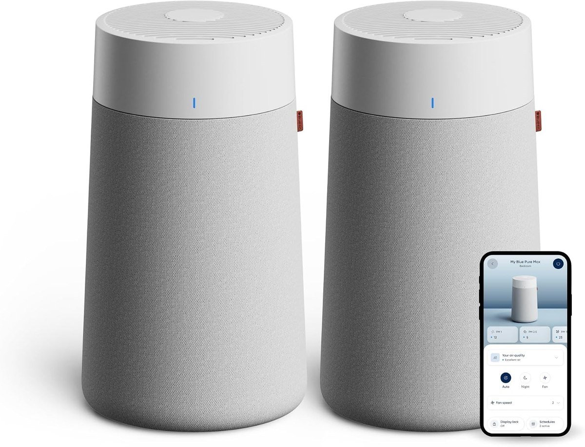 Two Blueair Blue Pure 411i Max air purifiers in grey