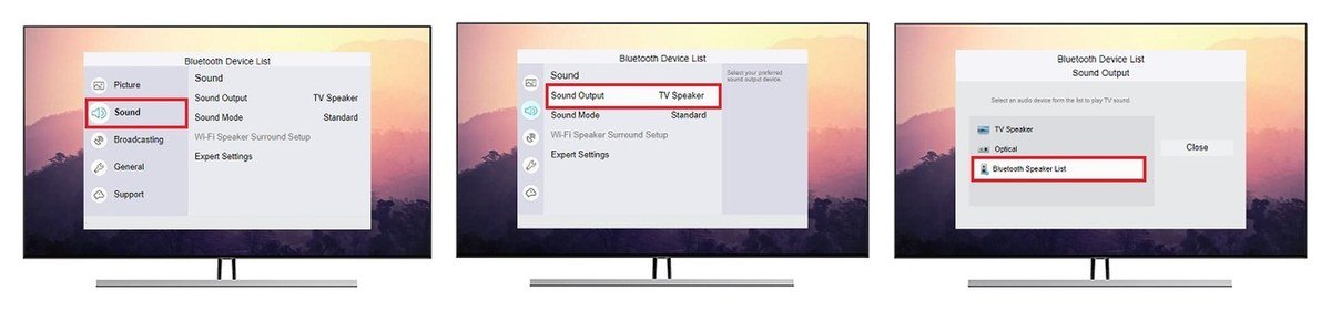Three Samsung TV menu screens: Sound selected, Sound Output highlighted, then Bluetooth Speaker List