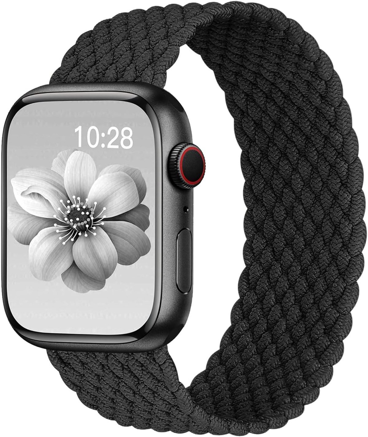 Black braided solo loop Apple Watch band stretched over a watch with no clasp