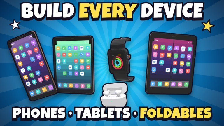 Build a Phone Empire banner showing phones, tablets, a smartwatch and earbuds on blue