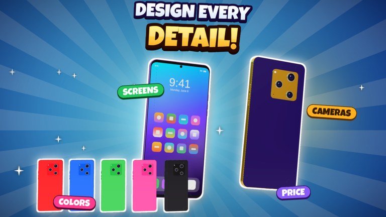Phone design screen in Build a Phone Empire with colour swatches, screens and cameras