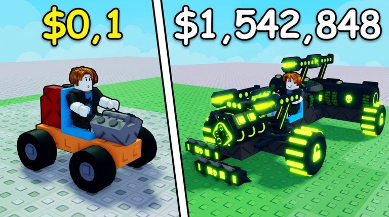 A cheap starter car beside an upgraded armoured one in Build and Kill Zombies