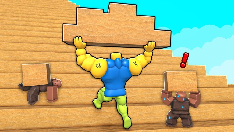 A muscular avatar carrying a sandstone block up a pyramid in Build the Pyramid