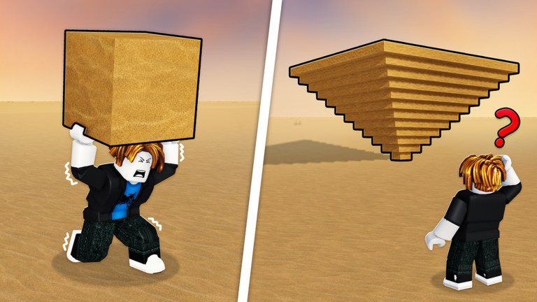 A player straining under a block beside a finished pyramid in Build the Pyramid