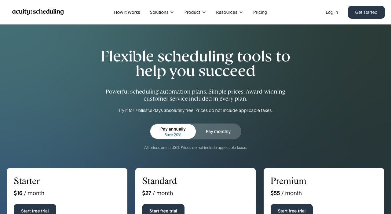 Acuity Scheduling pricing page showing the Starter, Standard and Premium plans