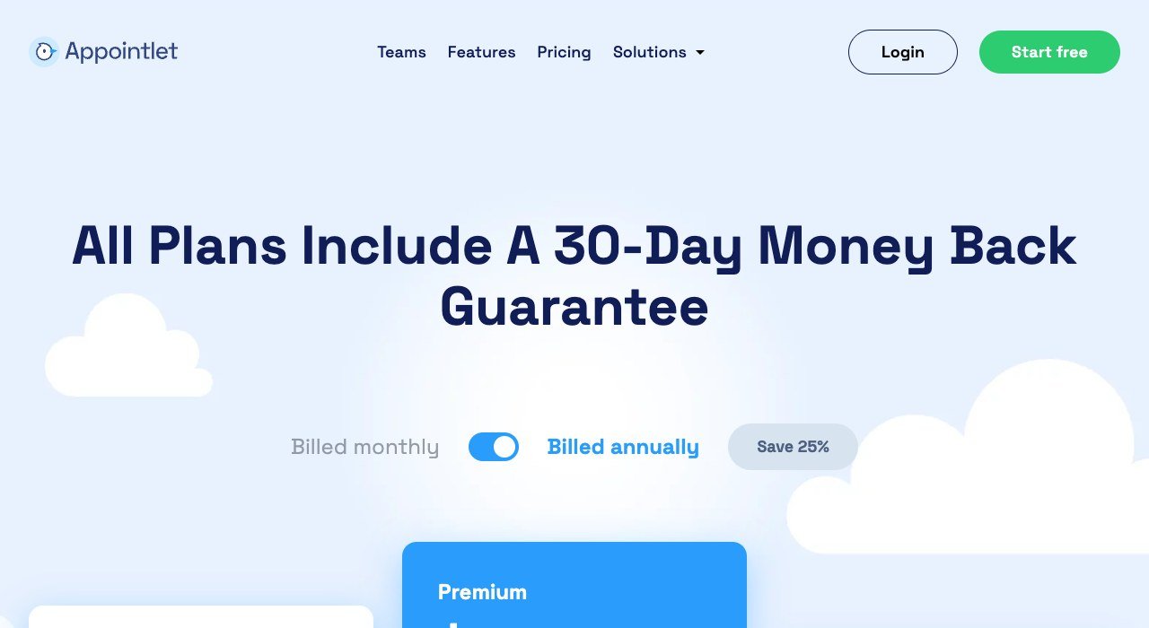 Appointlet pricing page showing the Free, Premium and Enterprise plans