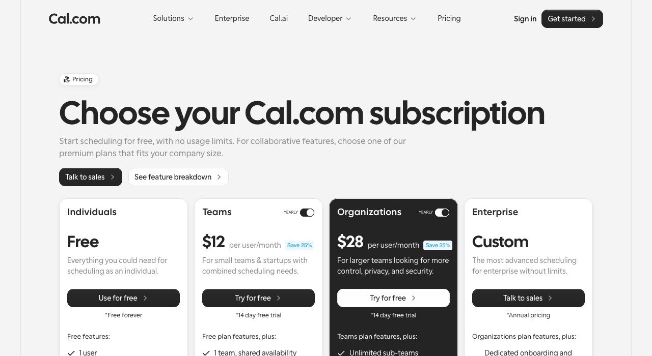 Cal.com pricing page showing the Free, Teams, Organizations and Enterprise plans