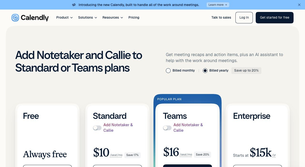 Calendly pricing page showing the Free, Standard, Teams and Enterprise plans