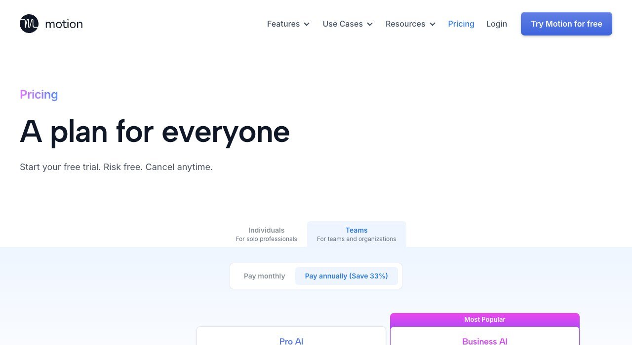 Motion pricing page showing the Pro AI and Business AI plans