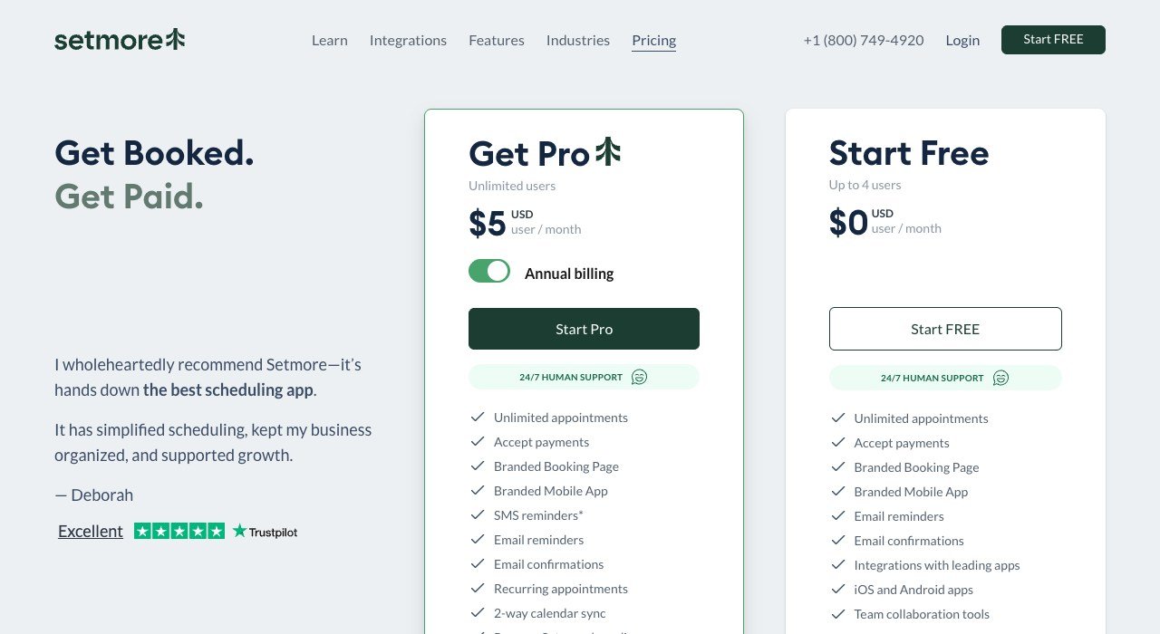 Setmore pricing page showing the free plan beside Pro at five dollars a user