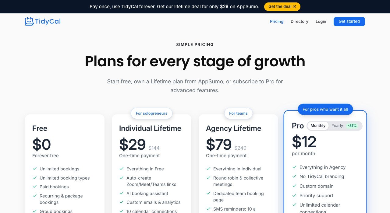 TidyCal pricing page showing the Free plan, lifetime deals and the Pro subscription