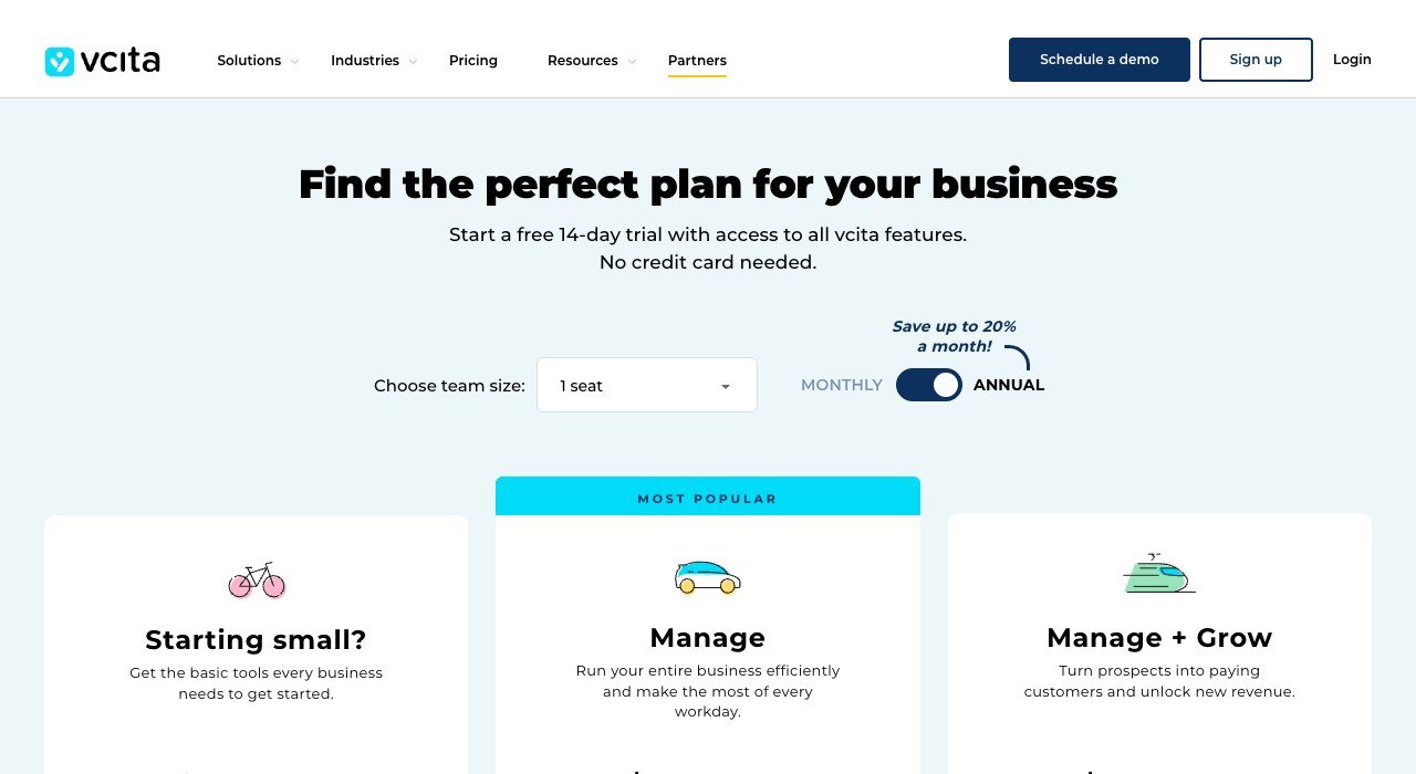 vcita pricing page showing the Kickstart and Manage plans with seat bands