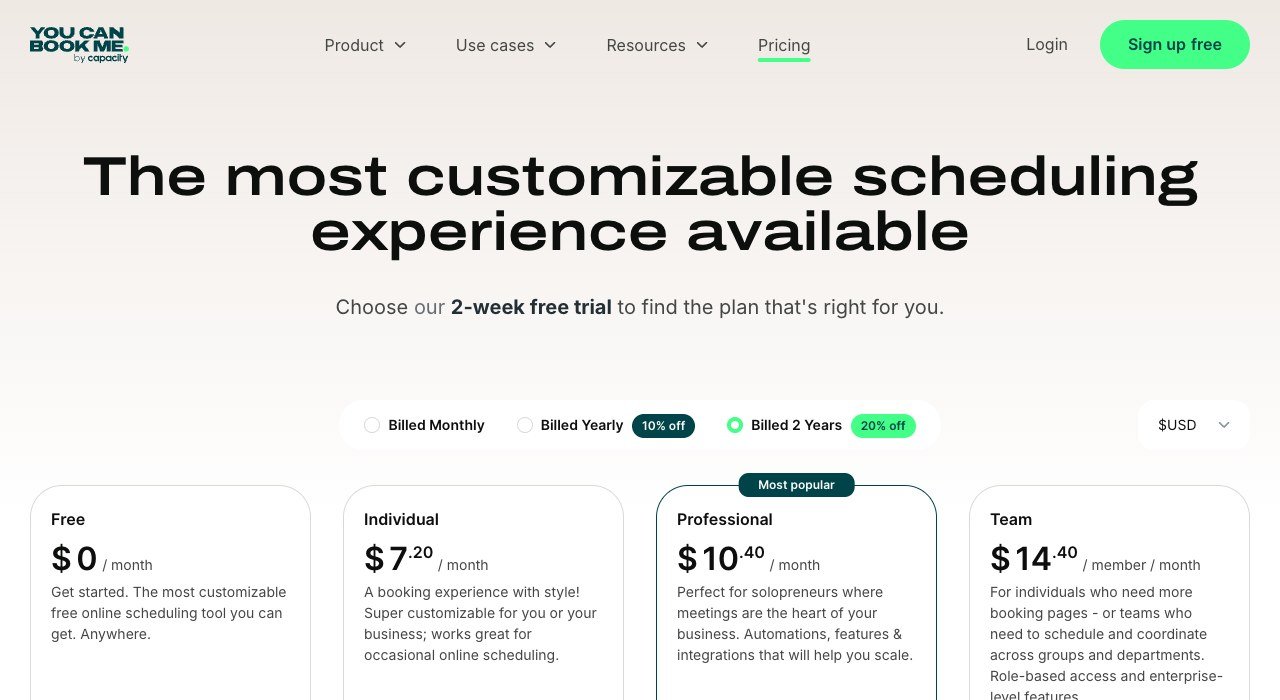 YouCanBook.me pricing page showing the Free, Individual, Professional and Team plans