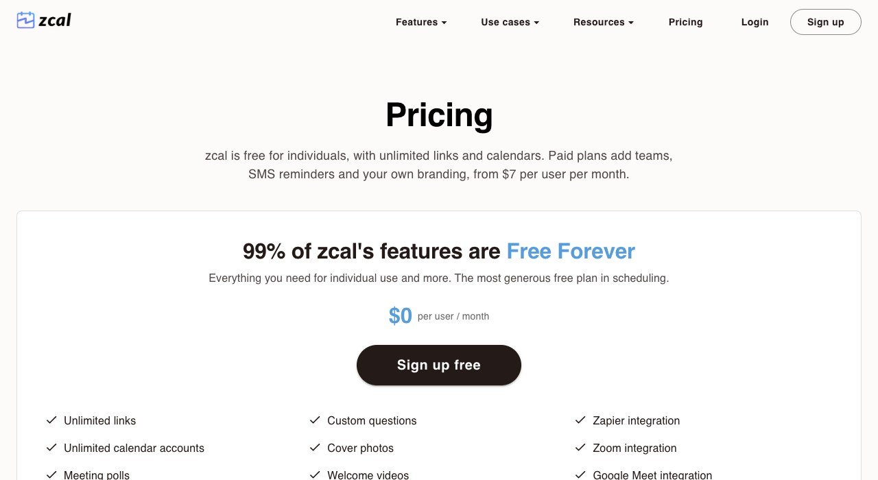 zcal pricing page stating that ninety nine percent of features are free forever