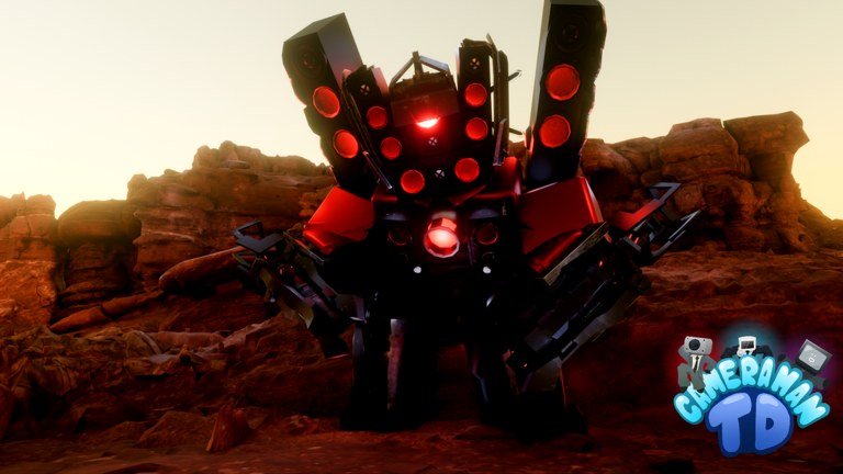 Red-eyed titan speakerman enemy advancing across desert rocks in Cameraman Tower Defense
