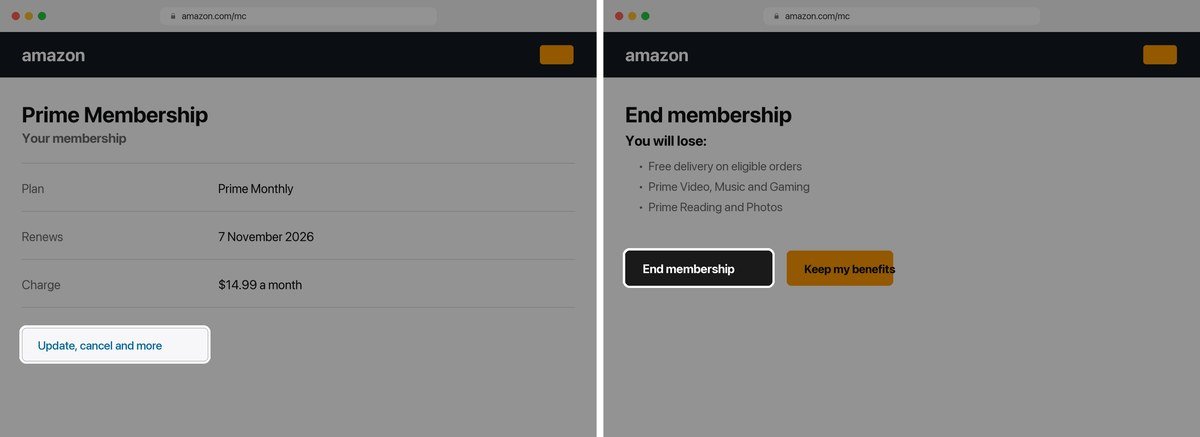 Cancelling Amazon Prime in a browser